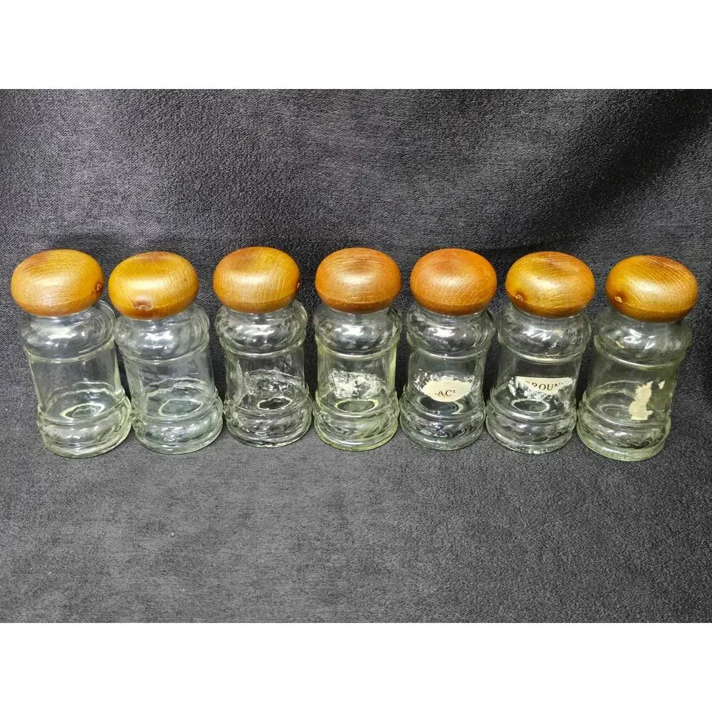 Vintage Glass Spice Bottles Shaker Jars With Faux Wood Lids Lot Of 12